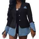 Tbahhir Women's Blazer Jacket Denim Patchwork Long Sleeve Lapel Button Down Casual Office Jean Trendy Coat L