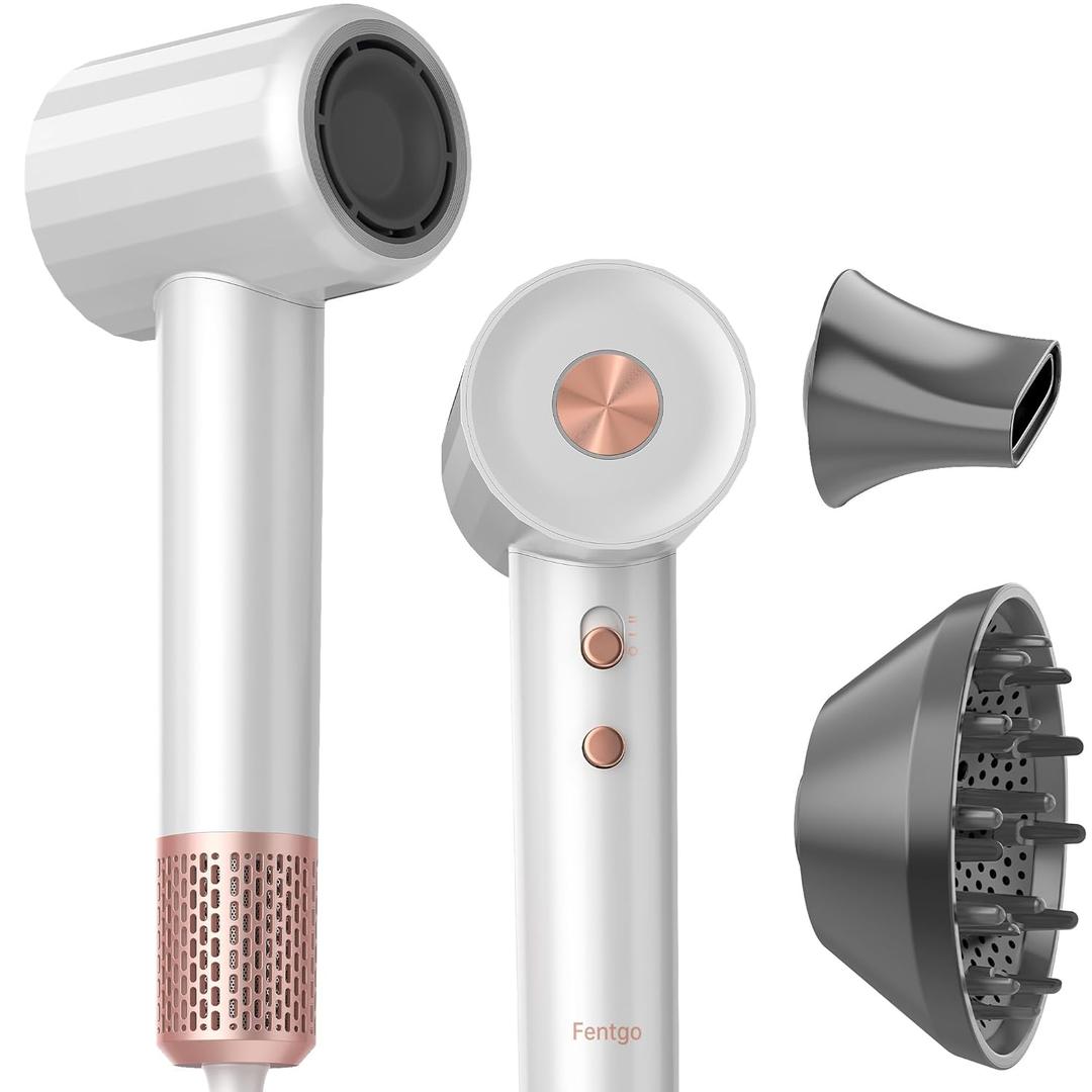 FENTGO Negative Ionic High Speed Hair Dryer, Professional Brushless Blow Dryer with Diffuser and Nozzle for Fast Drying, 2 Speeds & 4 Temps Thermo-Control, Lightweight & Quiet for Home & Travel (White)
