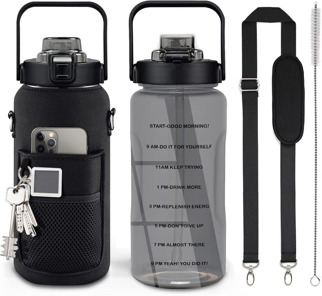 Half Gallon Water Bottle with Sleeve, 64OZ Motivational Water Bottle with Straw & Time Marker, BPA Free Leakproof Large Sports Water Bottle, Reusable Water Jug for Workout Gym Sport (Black)