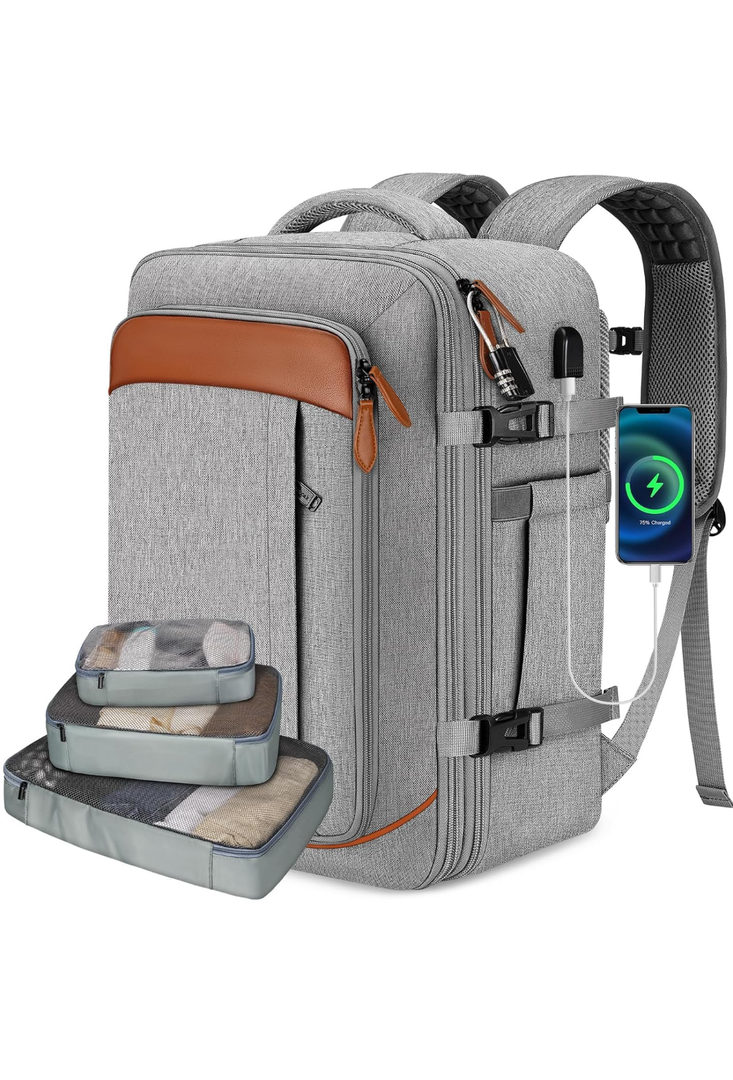 Vancropak Carry on Backpack, Flight Approved Travel Backpack with 3 Packing Cubes, Expandable Large 40L Travel Bag fits 17.3" Laptop, Anti Theft Luggage Suitcase Weekend Daypack for Women Men, Grey