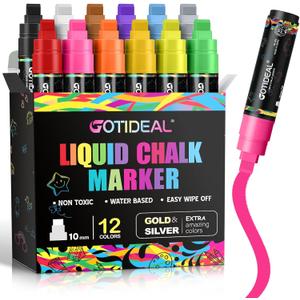 GOTIDEAL Window Markers, Jumbo Chalk Markers for Blackboard, Washable Car Marker for Chalkboard,Glass Mirrow,10mm Thick Tip12 Colors With Metallic Colors