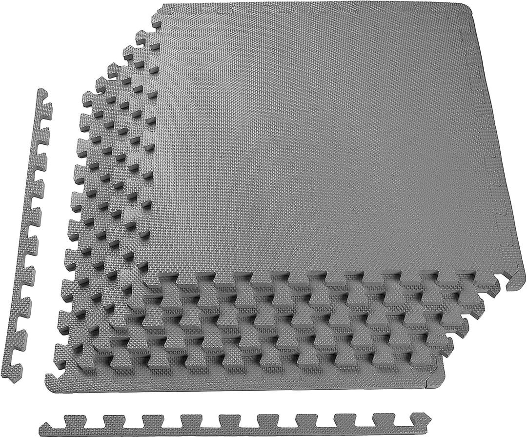 BalanceFrom Interlocking Foam Exercise Mat Equipment, Non-Slip EVA Puzzle Floor Tiles with End Borders for Home Gym, Workout Room, Playroom or Daycare Flooring (Grey)