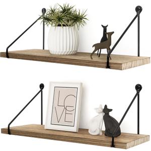 Afuly Floating Wall Shelves Rustic Wall Mounted Hanging Shelf Farmhouse Wall Bookshelf for Bathroom Kitchen Dining Living Room Wood Metal Organizers, Set of 2 (5.7"D x 16.5"W, Brown & Black)