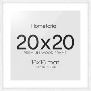 Homeforia 20x20 White Picture Frame, High End Oak 20 x 20 Square Wood Frames with Mat 16 by 16 inches Photo, 20by20 White Wooden Poster Frames Matted to 16x16 Print, Tempered Glass, Wall Kit, Set of 1