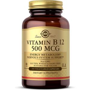 Solgar Vitamin B12 500 mcg, 250 Vegetable Capsules - Energy Metabolism - Nervous System Support - Promotes Heart Health - Non-GMO, Vegan, Gluten Free, Dairy Free, Kosher, Halal - 250 Servings (EXP: 05/2027)