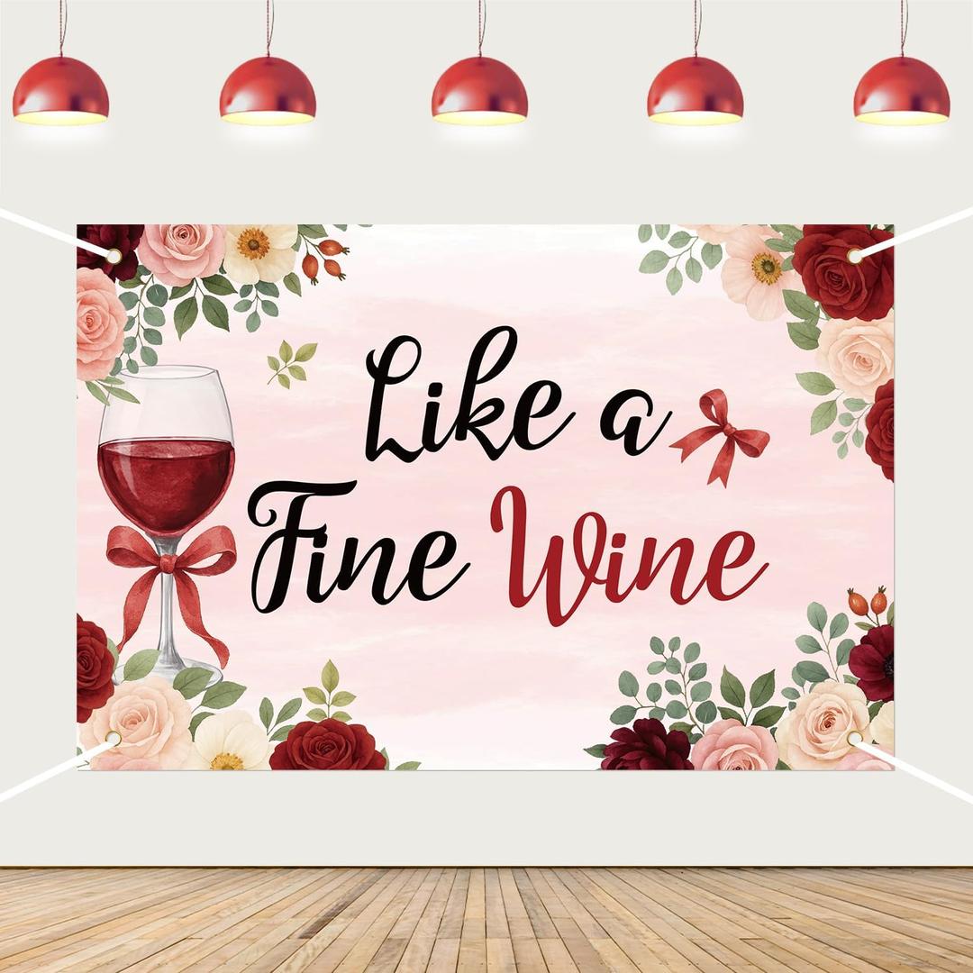 Wine Birthday Party Decorations, Like Fine Wine She Gets Better with Time Backdrop Aged to Perfection Birthday Decoration Floral Bow Cup Photography Background for Let's Sip Bday Party Supplies (5x3ft)