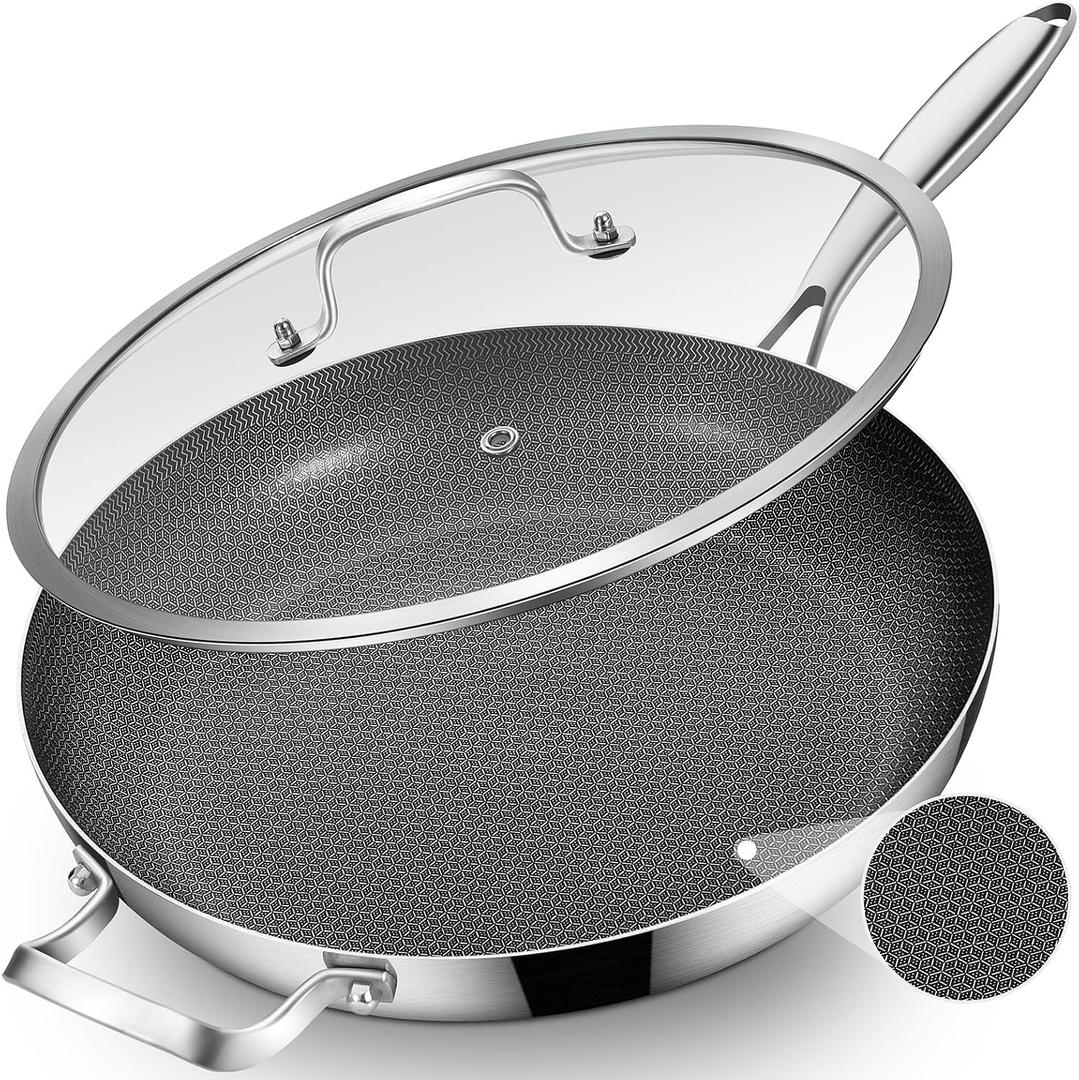 Inqibee 14.5-Inch Hybrid Ceramic Nonstick Tri-Ply Stainless Steel Frying Pan with Lid, Large Skillet,Induction Chef's Cooking Pan,Dishwasher and Oven Safe