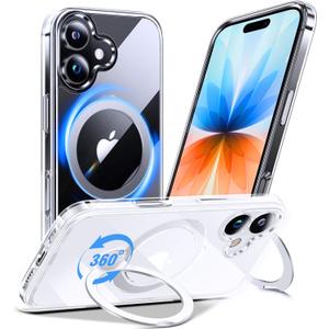 Anqrp 360 All-in-ONE Crystal Clear Case for iPhone 17 with Rotatable Magnetic Stand, Compatible with Mag-Safe, Anti-Yellowing Transparent MIL-Grade Shockproof Phone Case Cover for iPhone 17