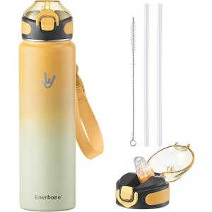 Enerbone 32 oz Insulated Water Bottle, Stainless Steel Bottle with Carrying Strap, Double-Wall Vacuum Insulation Design, Leakproof Sports Bottle with Straw, Keep Drinks Cold or Hot for Hours (Sunburst)