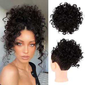 HOOJIH Messy Hair Bun Hair Piece Elastic Drawstring Loose Wave Large Curly Bun Short Synthetic Ponytail Extension for Women Daily Use - Black Brown