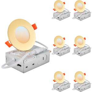 DLLT LED Recessed Ceiling Light: 6 Pack 3 Inch Gold Slim Recessed Lighting for Kitchen - 5CCT Dimmable Canless Wafer Downlight for Living Room - 600LM Brightness 6W LED Can Lights for Bedroom ETL FCC
