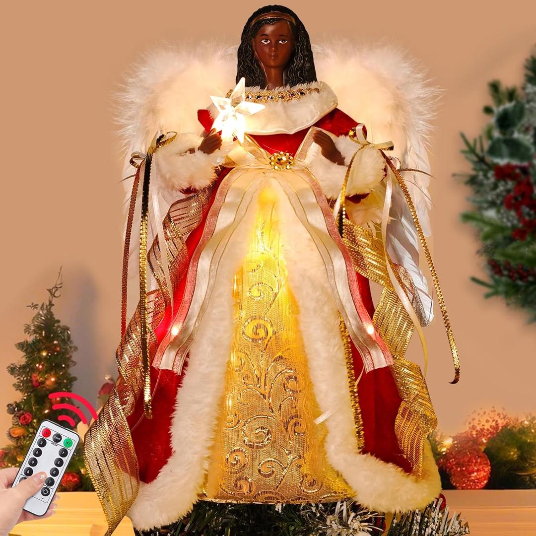 [Timer & Black Angel ] 12 Inch Black Angel Christmas Tree Topper, African American Christmas Decorations Angel Tree Topper with 10 LED Lights and White Feather Wings for Home Xmas Treetop Decorations