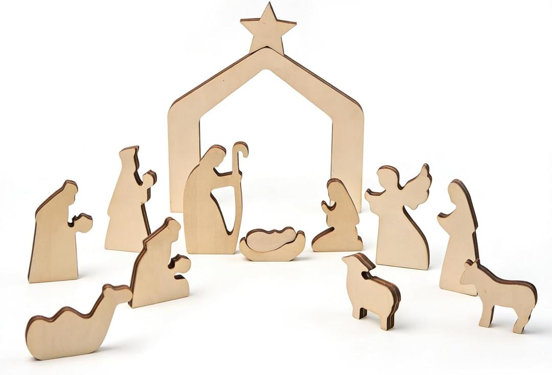 13 Pcs Wooden Nativity Scene Set Figures,Holy Family with Wooden Arched Stable and Figurines Including Baby Jesus, Mary, Joseph and More, Wood Religious Collections for Indoor Home Tabletop Decor