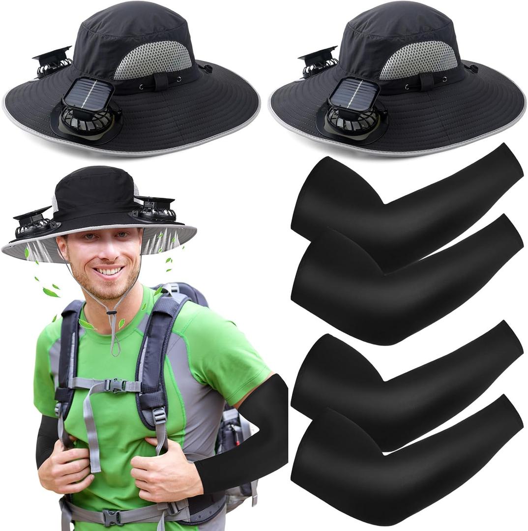 2 Set Wide Brim Solar Fan Hats with 2 Solar Fan and Arm Sleeves Set Outdoor Fishing Bucket Hat for Men Women Hiking (Black)