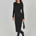 ANRABESS Women Long Sleeve Sweater Dress Crewneck Bodycon Stretch Slim Fit Ribbed Knit Midi Dresses 2025 Fall Trendy Outfits Black Small (Black, S)