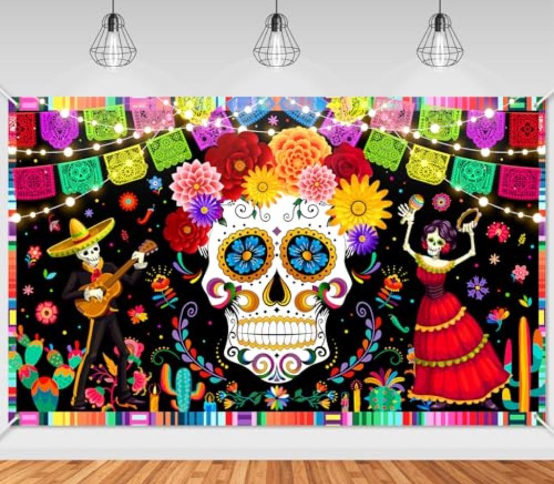 Mocsicka Day of The Dead Party Backdrop Banner Mexican Fiesta Skull Flowers Backdrop Dia DE Los Muertos Party Decorations Photo Booth Props (6x3.6ft)