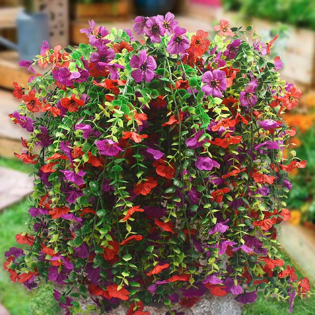 Artificial Hanging Flowers Plants for Outdoor Spring Decoration,2 Pcs Faux Silk Daisy with Eucalyptus Leaves,UV Resistant No Fade Look Real Violet for Outside Home Indoor Decor (Red+Purple)