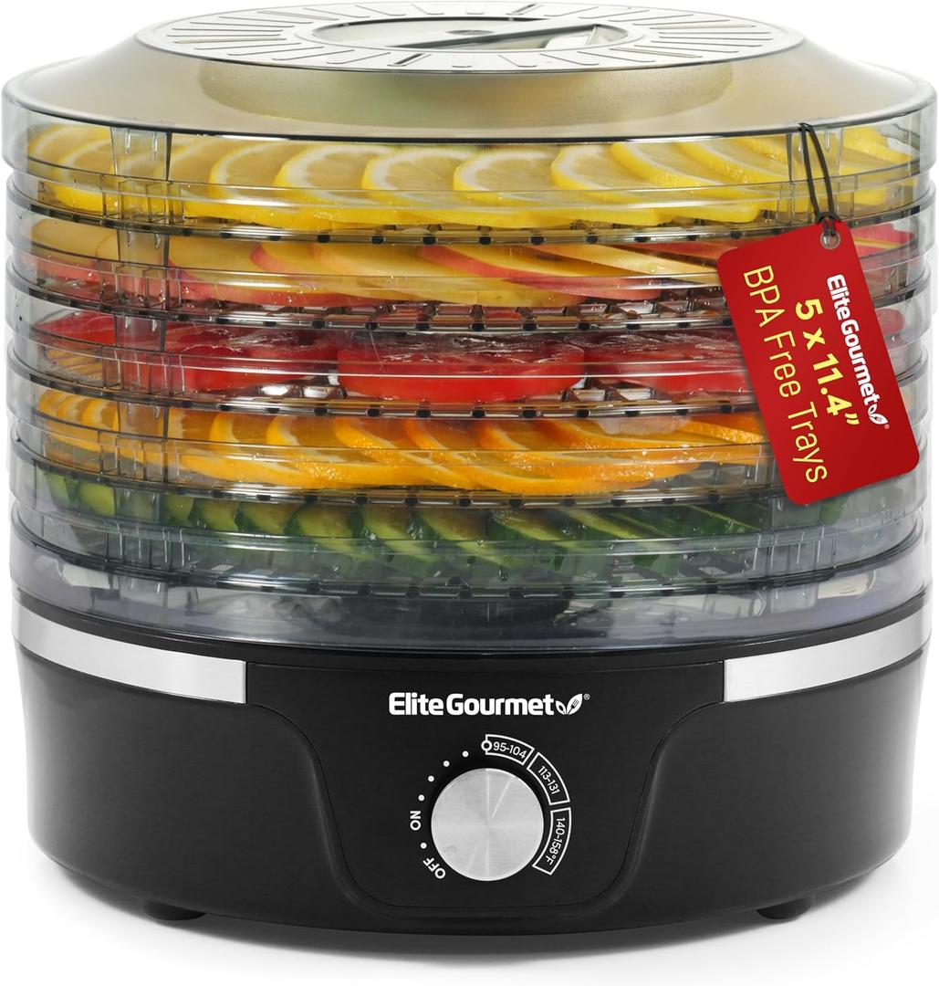 Elite Gourmet EFD319 Food Dehydrator, 5 BPA-Free 11.4" Trays Adjustable Temperature Controls, Jerky, Herbs, Fruit, Veggies, Dried Snacks, Black
