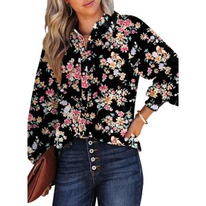 Dokotoo Women's Casual V Neck Allover Floral Print Long Sleeve Chiffon Button Down Blouses Bohemian Top Shirts (M)