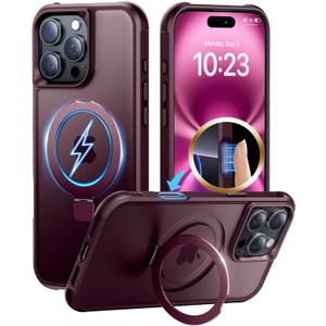 Magnetic Invisible Stand Designed for iPhone 16 Pro Max Case [Military Drop Protection] [Compatible with MagSafe] Shockproof Slim Translucent Matte Case for iPhone 16 Pro Max 6.9" Wine Red