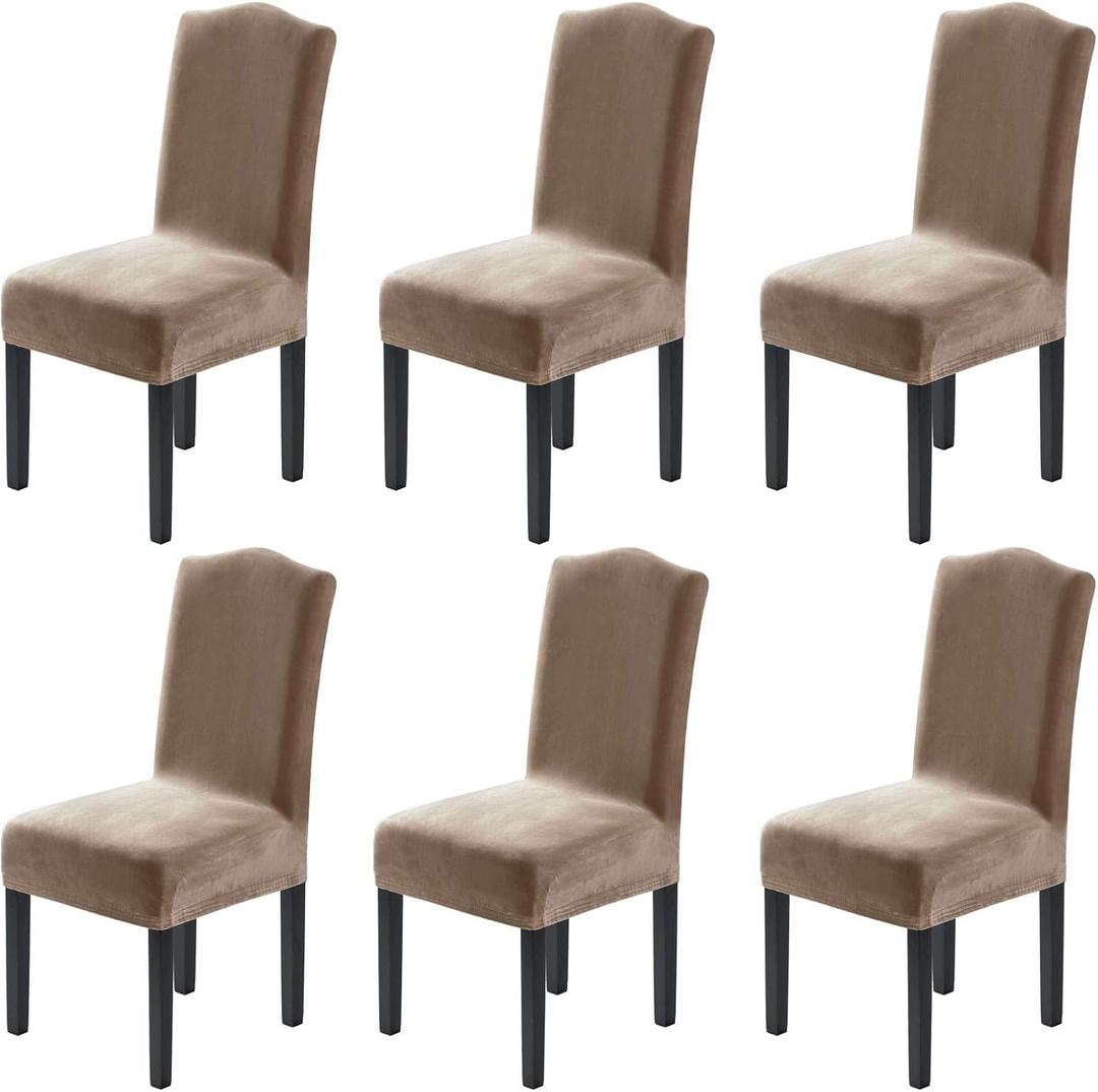 H.VERSAILTEX Velvet Dining Chair Covers Stretch Chair Covers for Dining Room Set of 6 Parson Chair Slipcovers Chair Protectors Covers Dining, Soft Thick Solid Velvet Fabric Washable, Taupe