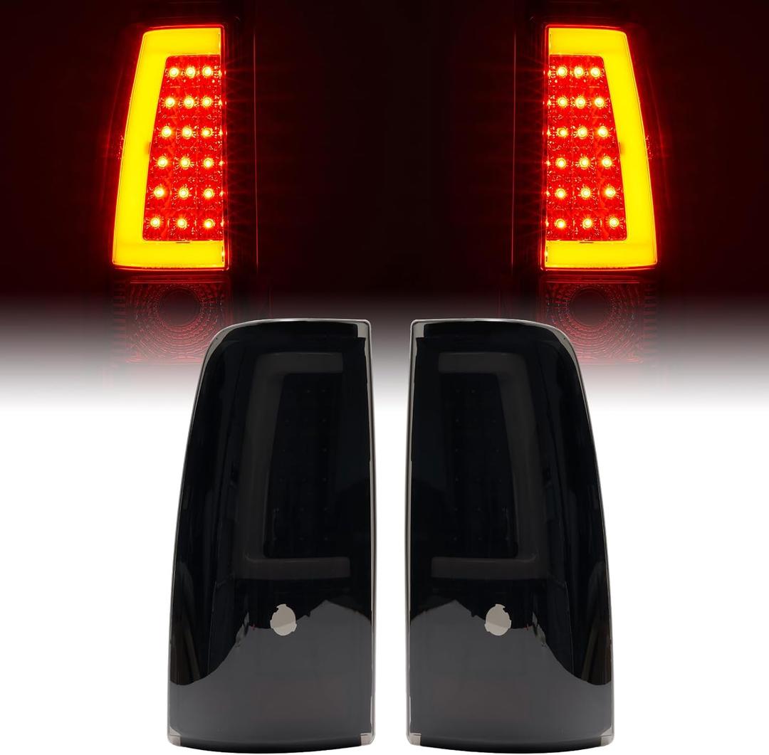 Tail Lights Compatible with 2003-2006 Chevy Silverado 1500 2500 3500 2007 Classic, C-Type LED Tube Black Smoked Lens Rear Brake Lamps OE Replace GM2800174, GM2801174