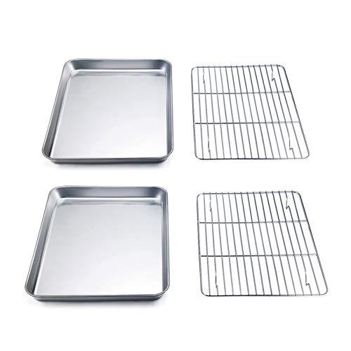 TeamFar 9'' x 7'' x 1'' Toaster Oven Pan with Rack Set of 4, Stainless Steel Compact Toaster Ovenware Pan with Cooling Rack, Healthy & Heavy Duty, Easy Clean & Dishwasher Safe, (2 Pans + 2 Racks)