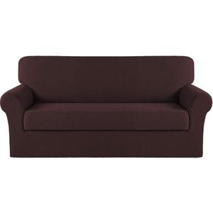 Turquoize Stretch Sofa Slipcover 2 Pieces Sofa Cover Couch Cover for 3 Cushion Couch Washable Furniture Protector Covers with Elastic Bottom Feature Thick Jacquard Fabric (Sofa, Brown)