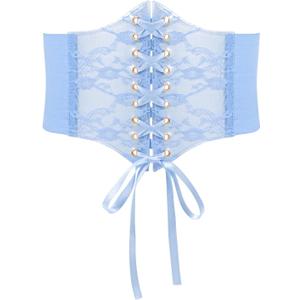WHIPPY Women Lace-up Corset Waist Belt Transparent PVC Lace Crochet Petal Elastic Wide Belt for Dress (M: Fit Waist 31-34 Inches, Blue)