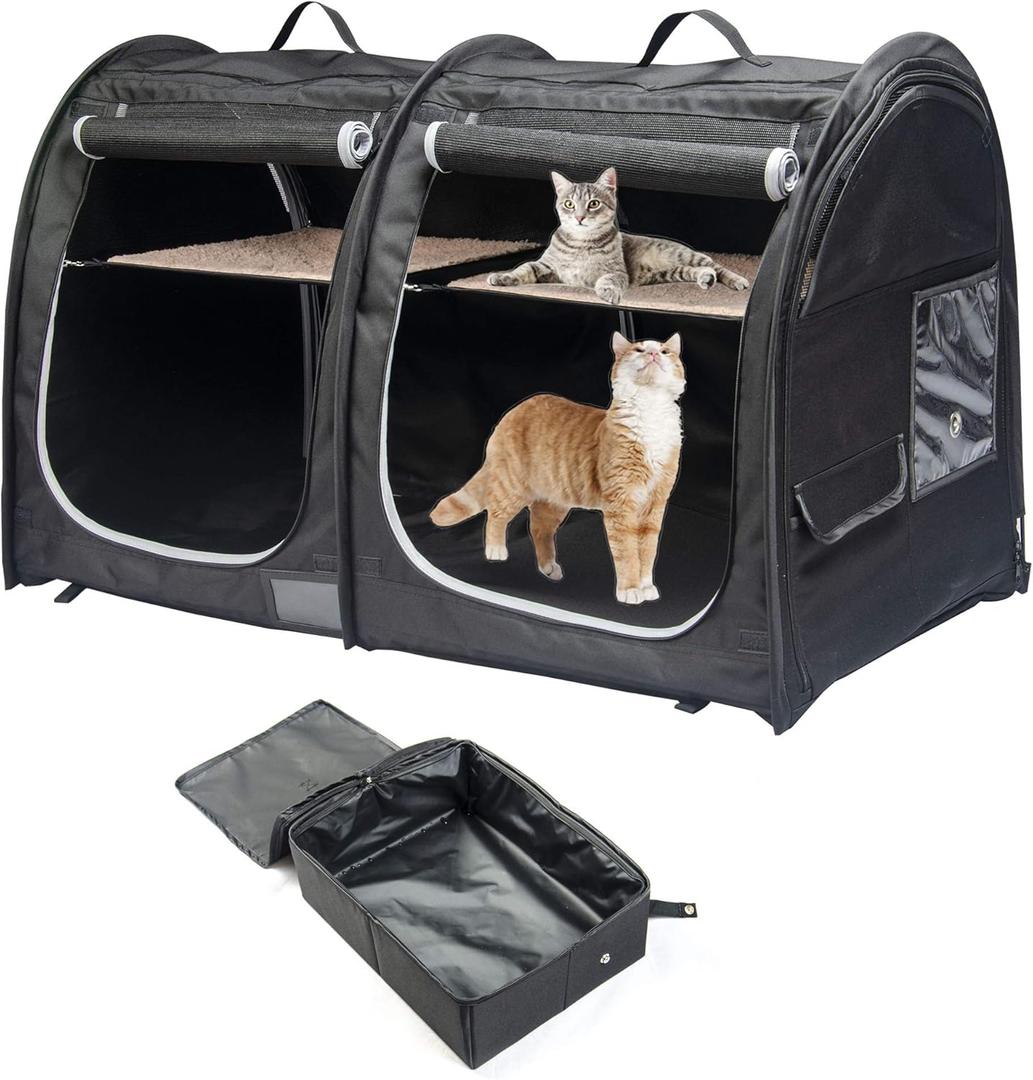Mispace Portable Twin Compartment Show House Cat Cage Condo,Comfy Puppy Home Dog Travel Crate with Carry Bag/2 Hammocks/Mats & Collapsible Litter Box (Black)