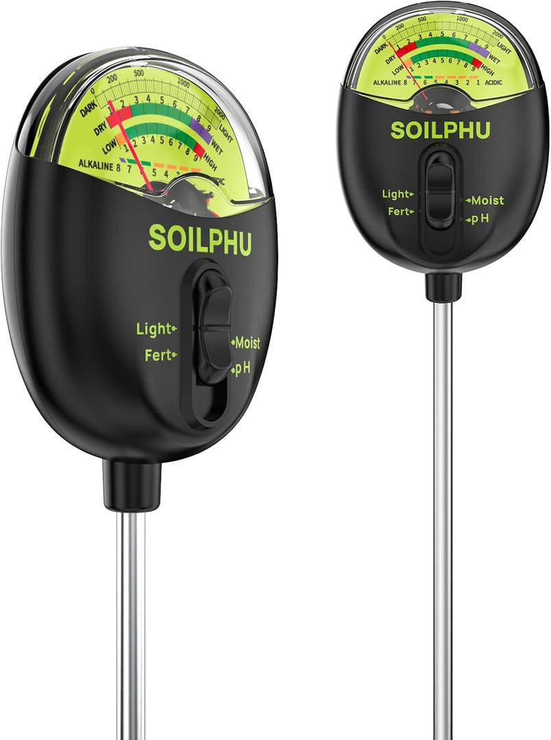 SOILPHU Soil pH Tester,4 in 1 Soil Moisture Meter,Soil Tester for Soil Moisture/PH Meter/Sunlight Intensity/Soil Fertility,Soil Test Kit for Garden,Lawns,Farm and Potted Plants, Flower In/Outdoor Use