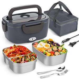 Electric Lunch Box Food Heater 3 in 1 Portable Warmer Leakproof Heated Box for Adults, Heating Microwave for Car/Home with 2 Removable Stainless Steel Container, 12V/24V 110V