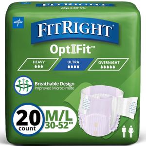 FitRight Stretch Ultra Adult Briefs, Incontinence Diapers with Tabs, Heavy Absorbency, Medium/Regular, 30 to 52", 20 Count
