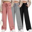 3 Pack Girls' Wide Leg Sweatpants Kids Summer Joggers Drawstring Open Bottom Teens Casual Fall Pants with Pockets (Large, Coral Pink, Light Gray, Black)