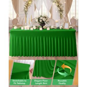 1 Pack Spandex Table Cover Skirt for 8ft Rectangle Tables, Green Stretch Table Cloth with Floor-Length Ruffle, Elastic Fitted Skirted Tablecloth for Elegant Wedding Banquet Party Buffet Decoration