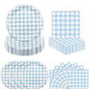 50 Pcs Blue Gingham Paper Plates and Napkins for Boy or Girl Themed Party, 7" Light White and Blue Birthday Party Scalloped Dessert Plate for Baby Shower, Birthday, Wedding Decoration
