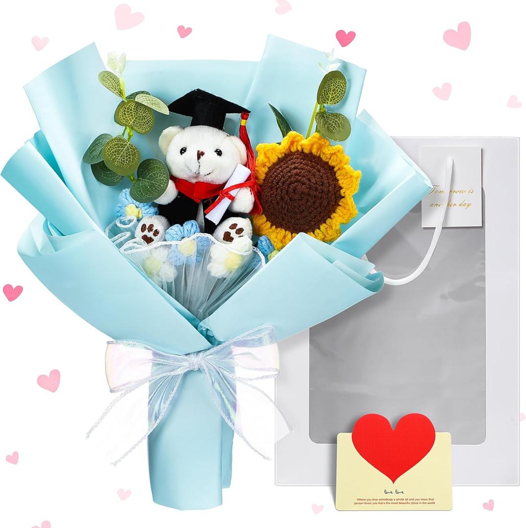 Graduation Crochet Flower Bouquet Set Includes Bear Knitted Sunflower Daisy Bouquet Eucalyptus Greeting Card Gift Bag 2025 Graduation Gift (Blue,Stuffed Bear)