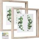 MUYE 10x10 Floating Frame Distressed Beige White Wood Pattern,Double Glass Square Picture Frame Display Any Size Photo up to 10x10,Wall Mount or Tabletop,2 Pack