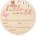 Hello World Newborn Sign, 5.9 Inch Wooden Baby Announcement Sign Pink Butterfly Style Birth Welcome Board for Newborn Boys Girls Photo Props Baby Shower Hospital Nursery (Pink)