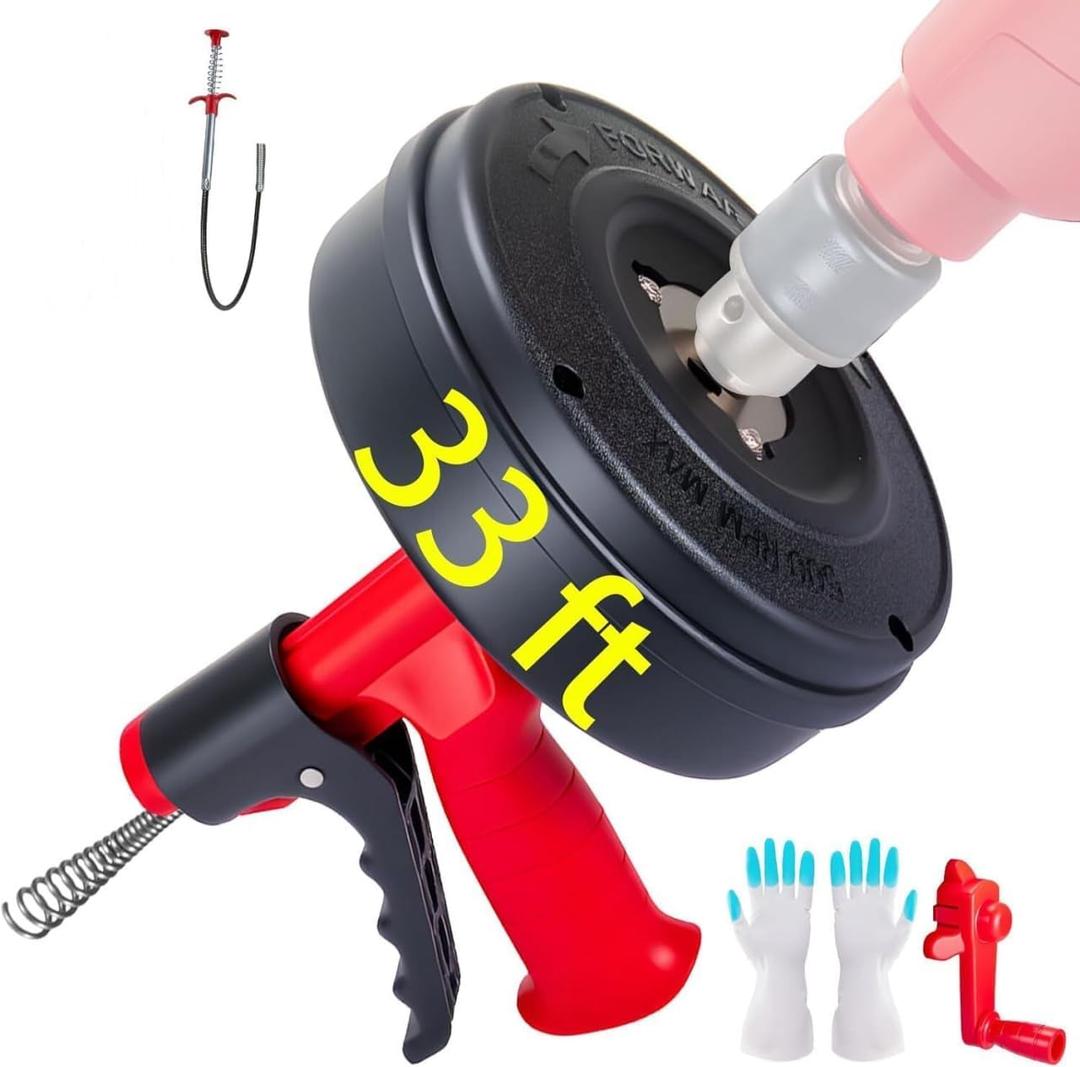 Drain Snake Hair Drain Clog Remover,SEVVETROOL Plumbing Drain Auger Snake Drill Attachment Toilet Snake Auger for Bathroom Kitchen Tub Shower Drain Clog Remover with Gloves(33ft/10M) (Red+Black)