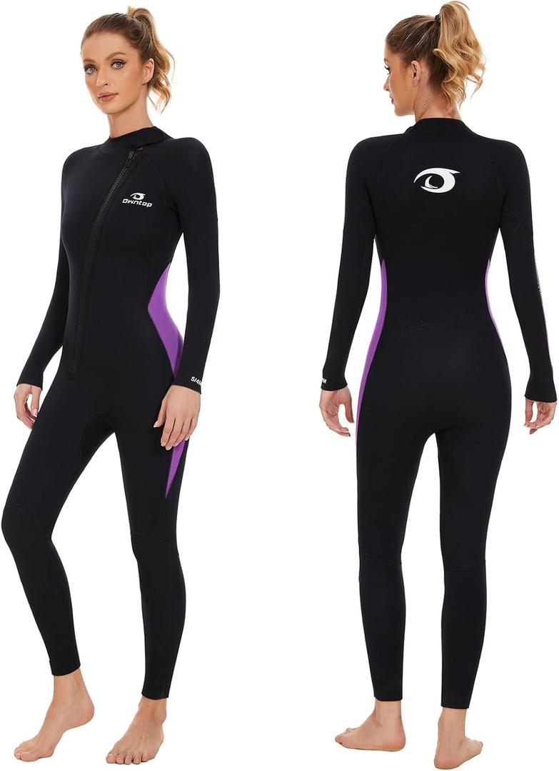 Owntop Wetsuit 5mm Neoprene Diving Suit - Mens Womens Thicken Full Wet Suit, Front Zip Long Sleeve UPF50+ Keep Warm Swimwear for Scuba Surfing Swimming Diving Snorkeling Water Sports (Large, Women Purple-New)