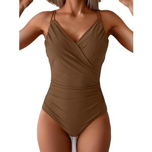 B2prity One Piece Swimsuits for Women Adjustable Double Strap V Neck Bathing Suit Slimming Tummy Control Swimwear Brown XL