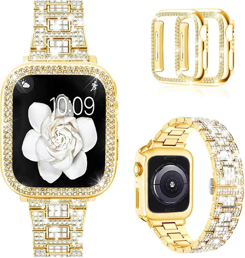 Mosonio Compatible with Apple Watch Band 38mm 40mm 41mm 42mm 44mm 45mm 46mm 49mm with 2 Pack Case Women, Jewelry Replacement Metal Bands Strap with Bling PC Protective Case for iWatch Ultra SE Series 11/10/9/8/7/6/5/4/3/2/1 (Sizes Vary By Mode)