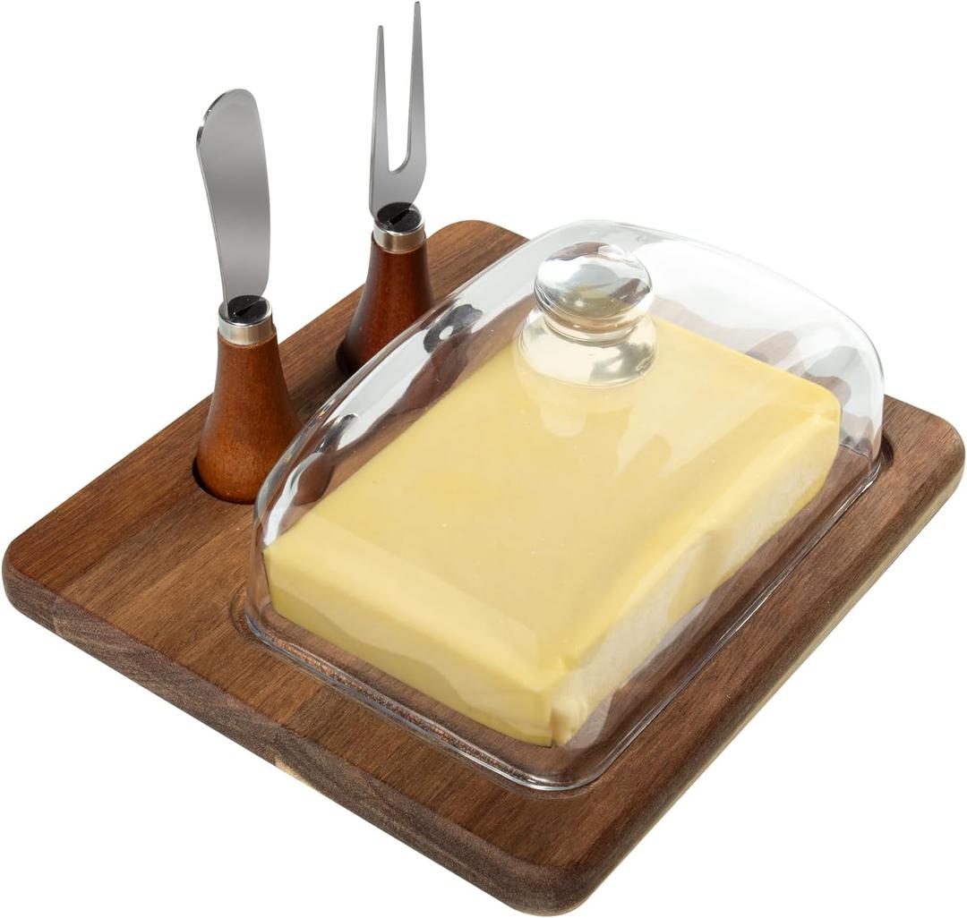 Butter Dish with Lid and Butter Knife, Acacia Wood Butter Holder, Butter Container keeper, Applicable to Countertop and Refrigerator Door Shelf,Airtight Butter Keeper (20.3*17.8*6.6 cm)