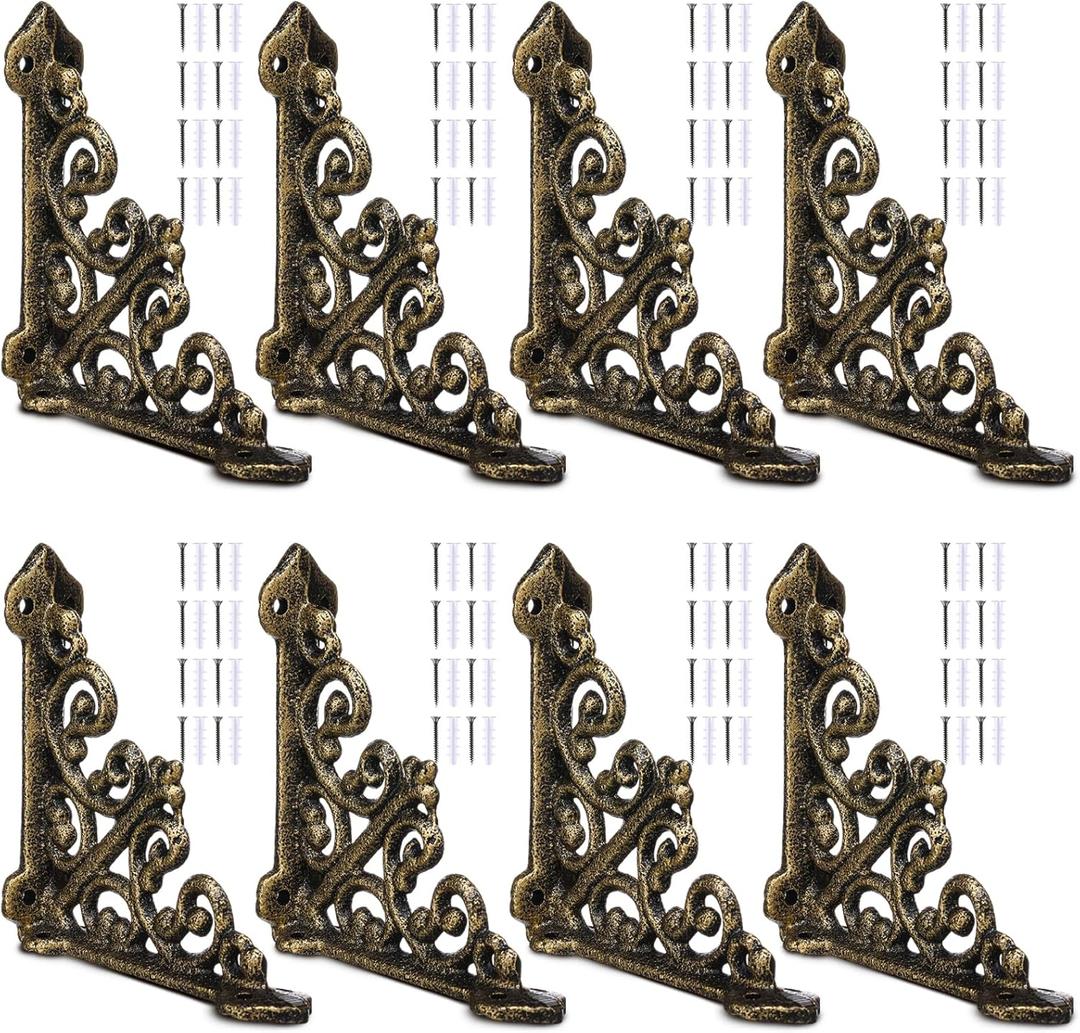 Blulu 8 Pack Cast Iron Brackets Antique Style Shelf Brackets with Screws 3 7/8" x 3 7/8" Decorative Wall Mount Mental Shelving Heavy Duty Victorian Style Shelf(Antique Brass)