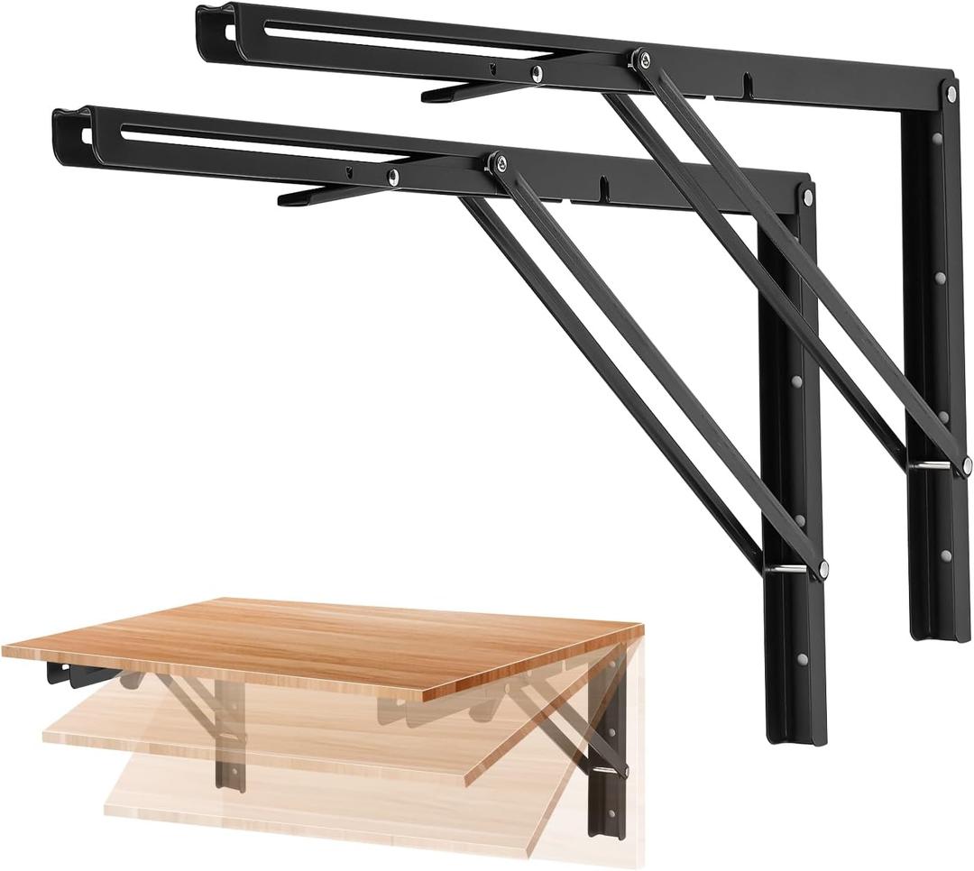 Ravinte 2 Pack 22 Inch Folding Shelf Brackets – Matte Black, Heavy Duty Collapsible Brackets for Tables and Benches – Space-Saving Design