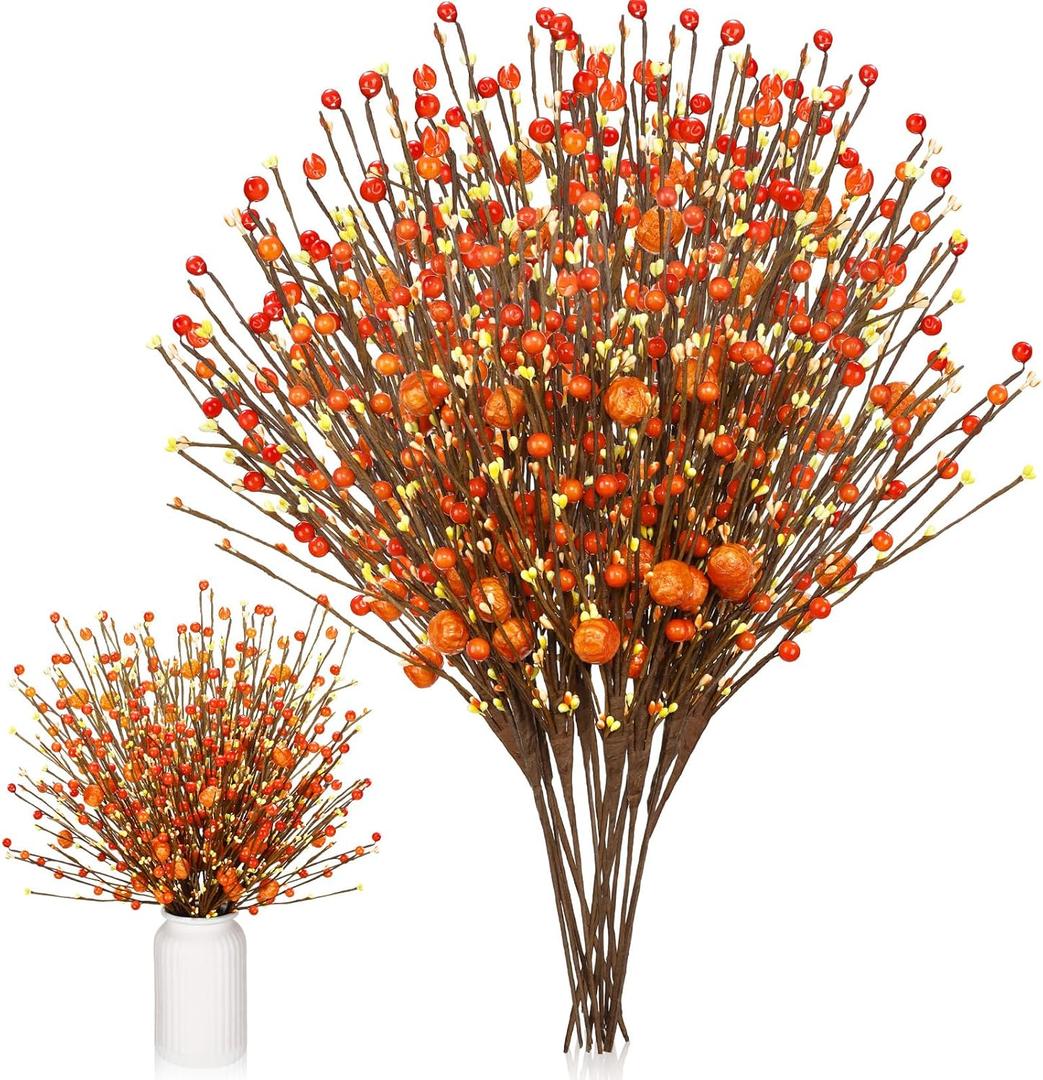 Cindeer 10 Pcs Artificial Thanksgiving Decorations for Fall Home Floral Stems Picks Centerpiece Fall Berry Stems 15.7in Berry Branches Autumn Orange Floral Arrangements for Home Vase Indoor Decor