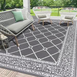 HEBE Outdoor Rug Waterproof 9x12, Reversible Plastic Straw Rug RV Camping Rug, Indoor Outdoor Patio Mat Clearance, Outside Carpet for Porch,Deck,Camper,Balcony,Backyard,Picnic (Diamond/Grey)
