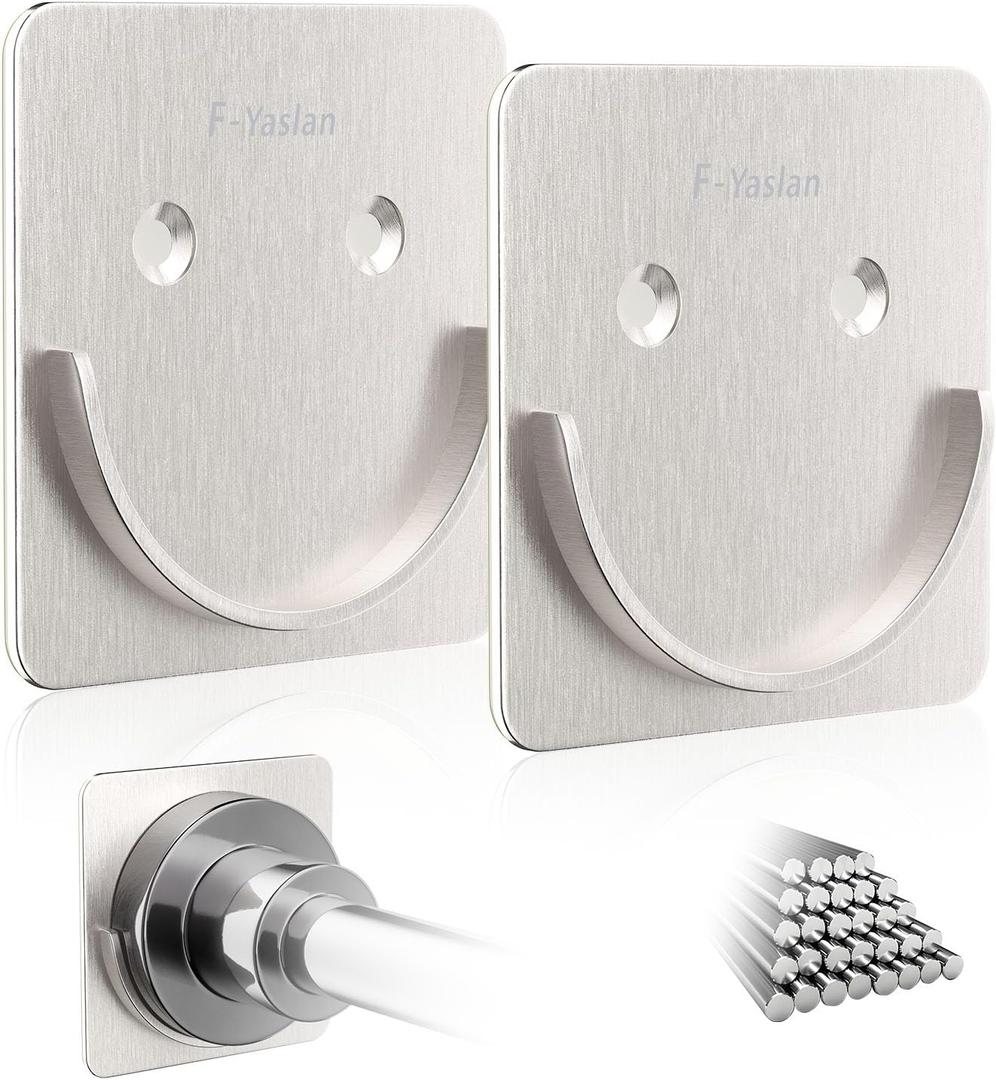 Brushed Metal Shower Rod Holders 2 Pack, Heavy-Duty Adhesive Shower Curtain Rod Brackets, No Drilling/Screw Mount, Rustproof Waterproof for Bathroom, Fits Most Rods & Walls, Holds 40LBS