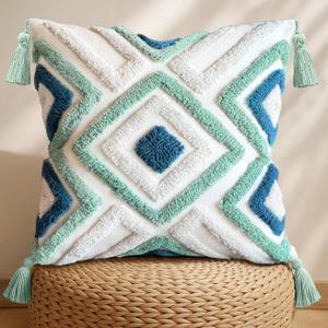 Throw Pillow Covers 18x18 - Tufted Decorative Pillow Cover with Zipper for Couch Sofa Bed Living Room Aesthetic Tassels Textured Striped Farmhouse Indoor Pillowcases, Green Blue Rhomb